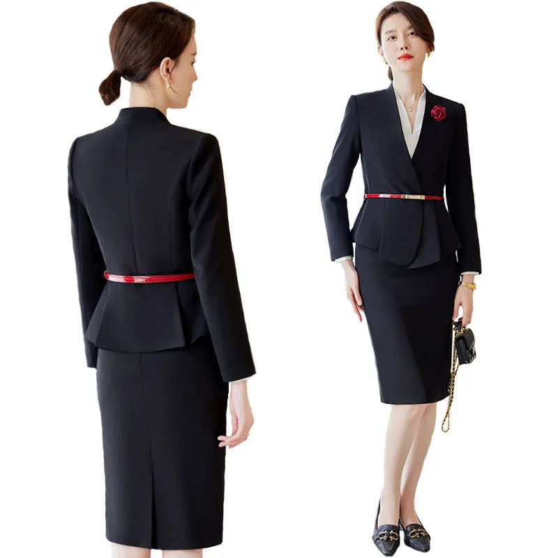Autumn Winter Skirt Suit Set For Women Long Sleeve Ruffle Hem Blazer&Midi Skirt Office Ladies 2 Pieces Work Wear Fashion Suits