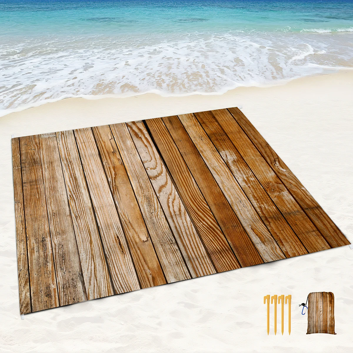 Beach Blanket Waterproof Sandproof,Wood Pattern Picnic Blankets with Sand Pockets and Stakes,Wood Board Outdoor Pad for Seaside