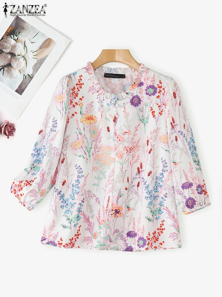 ZANZEA Vintage Tops Women Shirts Floral Print Bohemian Holiday Blouse 2025 Summer 3/4 Puff Sleeve Fashion Casual Ruffled Tunic