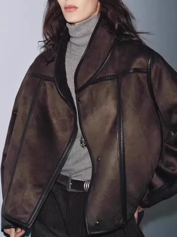 

Double-Sided Casual Long Sve Jaet New Autumn Winter Women's Faion Versatile Outerwear Synthetic Leather Filled Coat