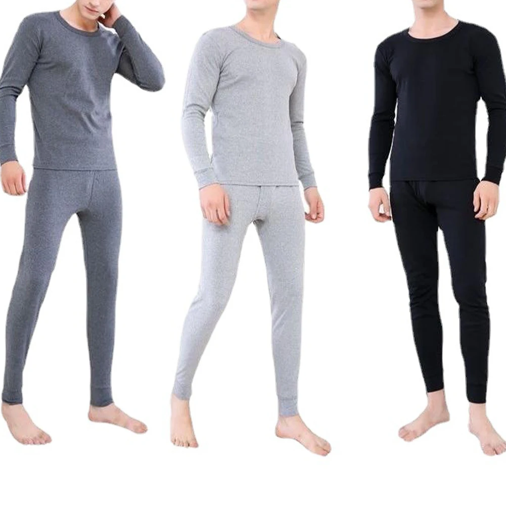 Stilvolles Thermo-Pyjama-Set für Herren mit langen Unterhosen, O-Ausschnitt, Hemd mit Unterteil, einfarbig, ideal für Herbst und Winter, Marineblau und Grau