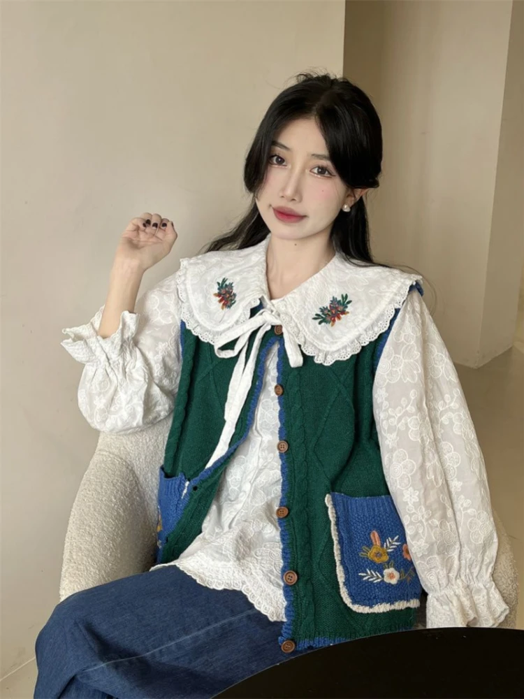 Sweaters Vests Women Loose Knitting Cute Floral Pockets Students Vintage Peter Pan Collar Autumn New Arrivals Chic Ins Fashion