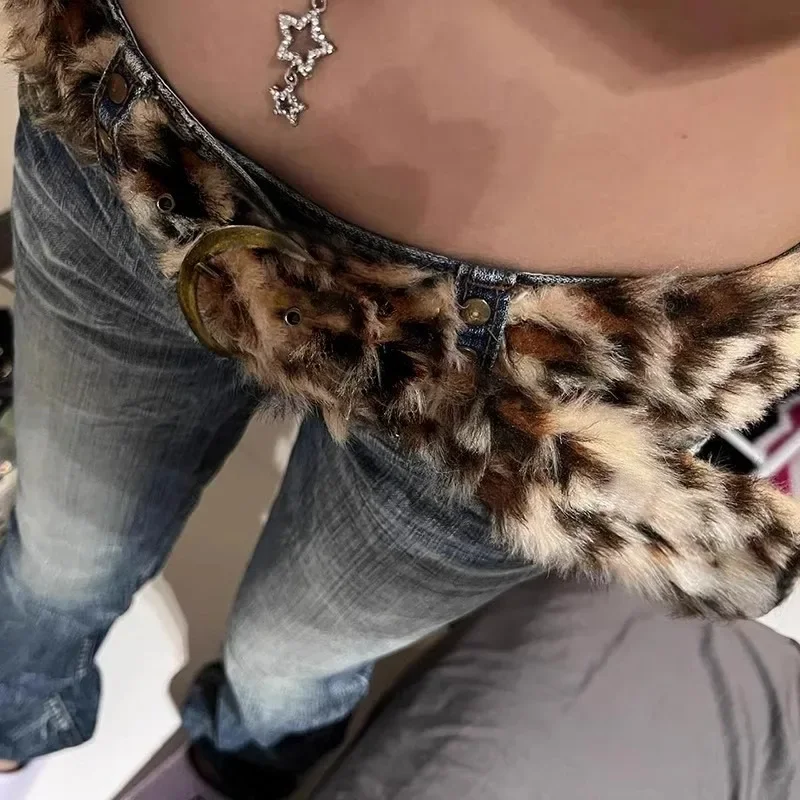 Retro Leopard Print Fur Belts Warm Hip Hop Adjustable 2025 Y2K Girls Aesthetic 2000s Jeans Belt Personalized Grunge Belts