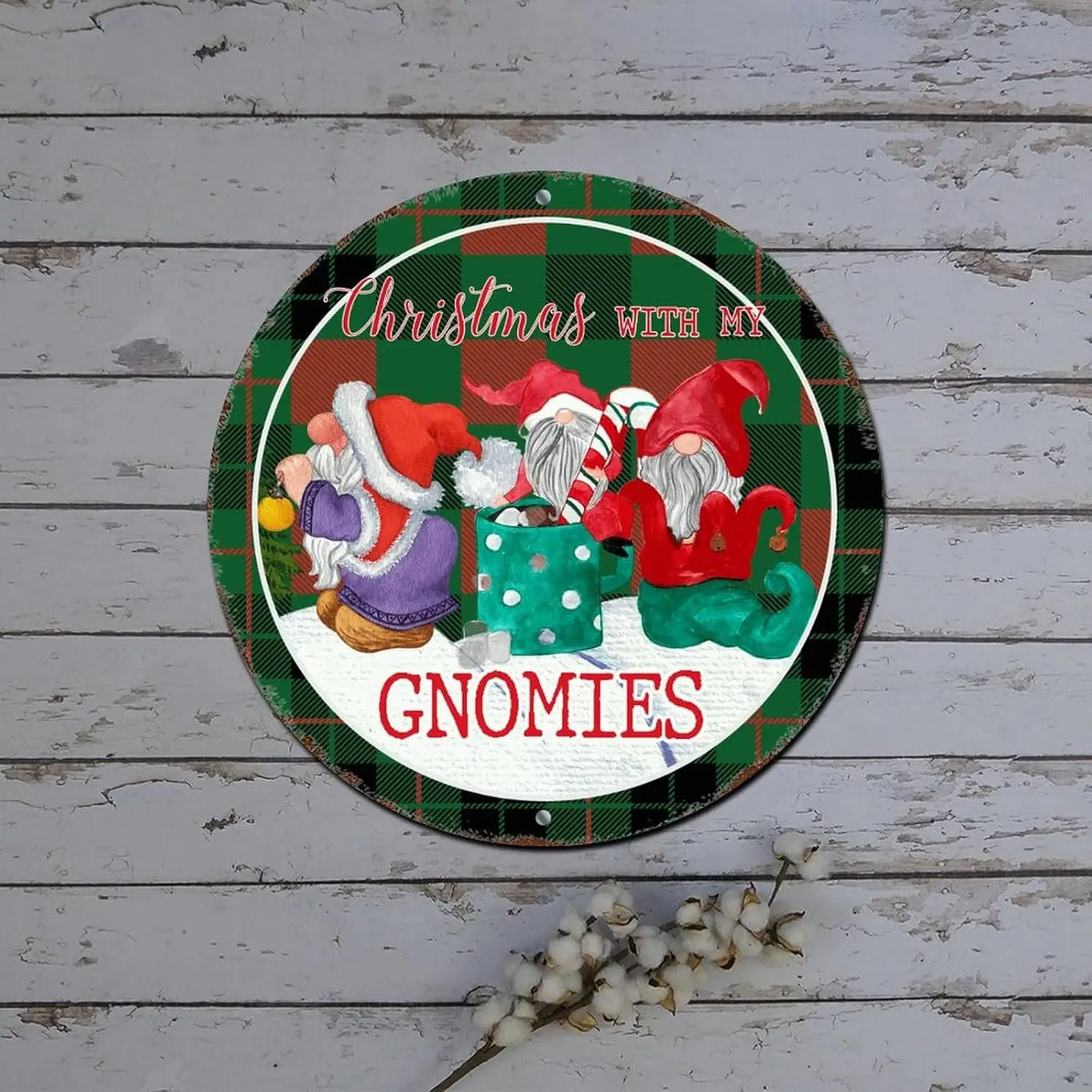 Christmas Metal Tin Signs Christmas with My Gnomies Tartan Round Metal Tin Sign Wall Christmas Decorations Retro Plaque Metal Si