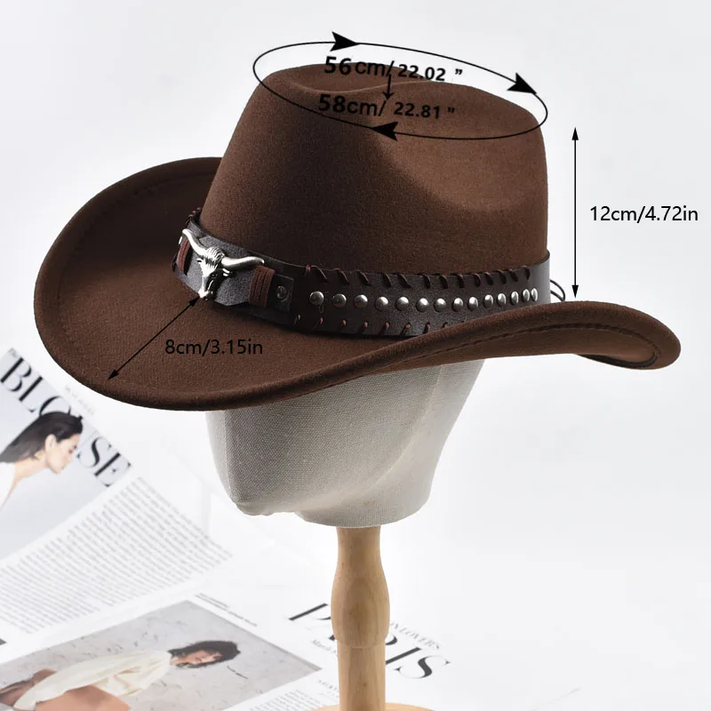 Retro Bull Ox Kopf Niet Leder Band Western Cowboy Hut Unisex Roll Up Krempe Cowgirl Jazz Hut Kirche Sombrero Hombre Caps – Detail 2