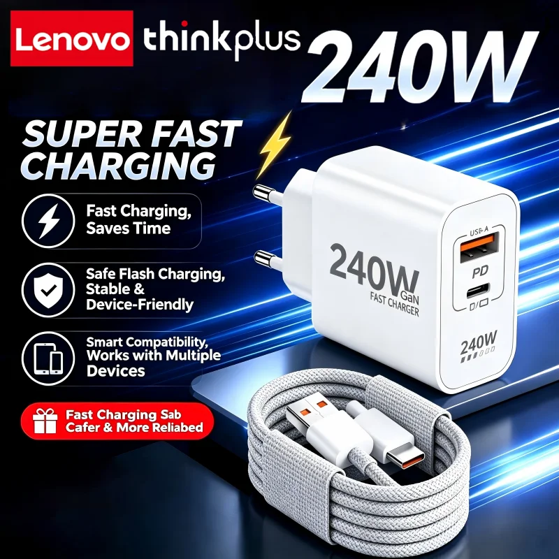Lenovo ThinkPlus Original 240W GaN Super Fast Charger USB PD 2In1 Super Fast Charging EU/US Plug For IPhone15-18 Samsung Huawei