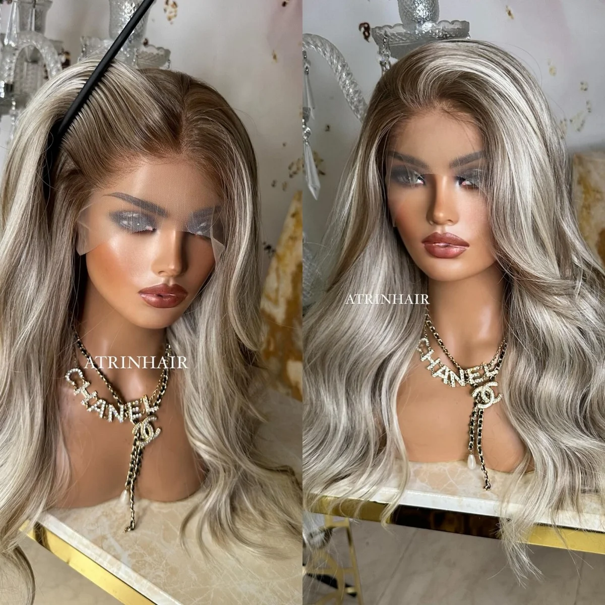 

Серый платиновый блондин с бликами, 22 дюйма, разноцветные синтетические кружевные фронтальные парики с глубокими волнами, термостойкие волокна, парики для ежедневного использования