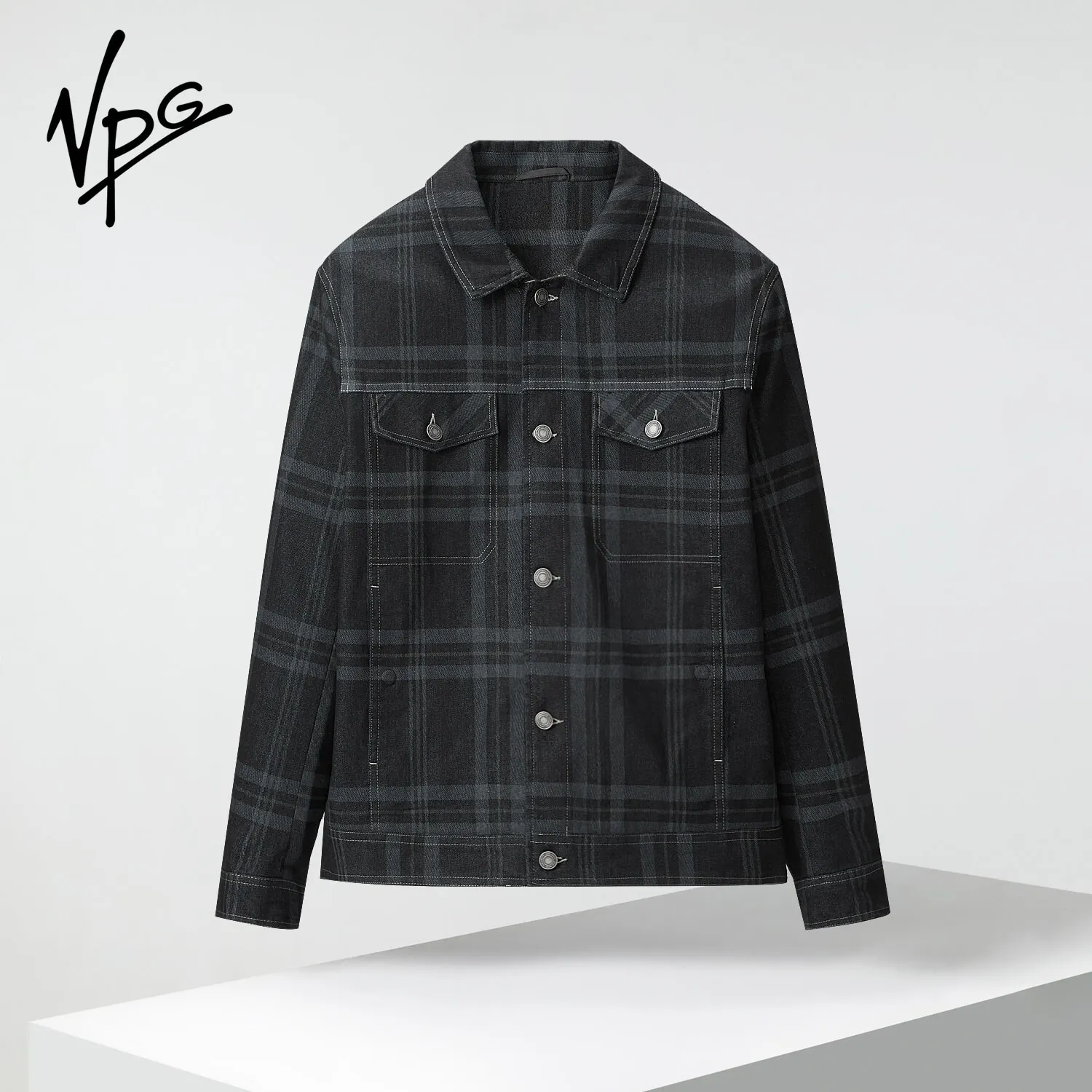 

VPG Men Check Jacket Lapel Simple Versatile Coat Black Spring Summer Daily Travel Coat