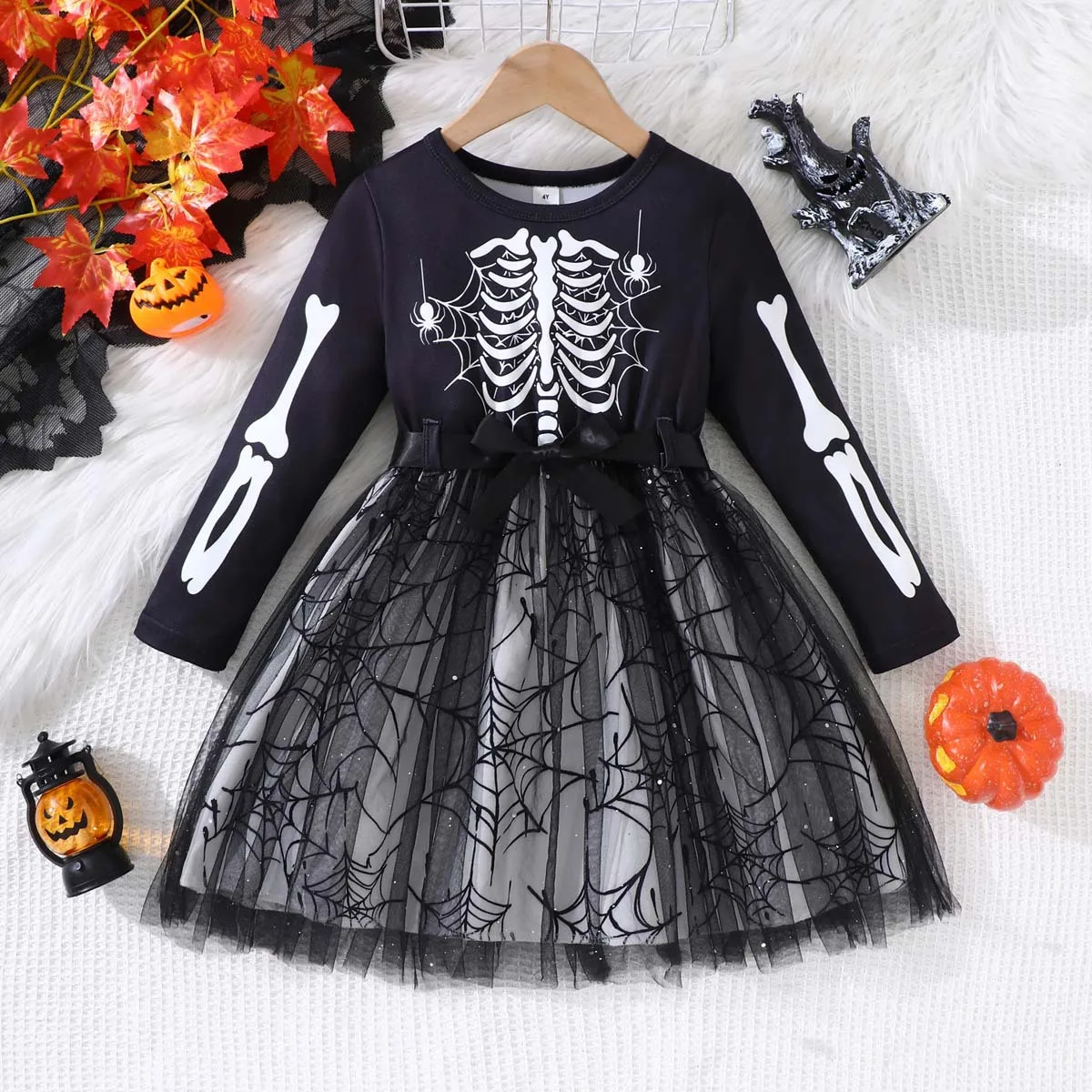 2026 Mädchen-Halloween-Kleid Herbst-Winter-Outfits Gestricktes Rundhals-Langarmkleid mit Rüschen für Partys und Versammlungen Kinderkostüm – Detail 10