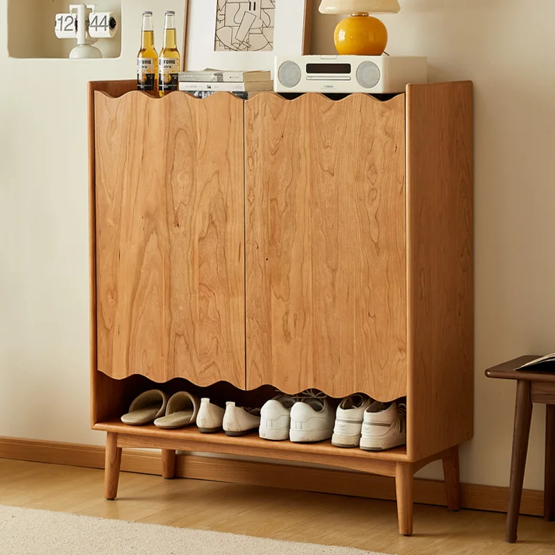 Nordic shoe cabinet solid wood entrance cabinet cherry wood retro Japanese door small apartment household door locker