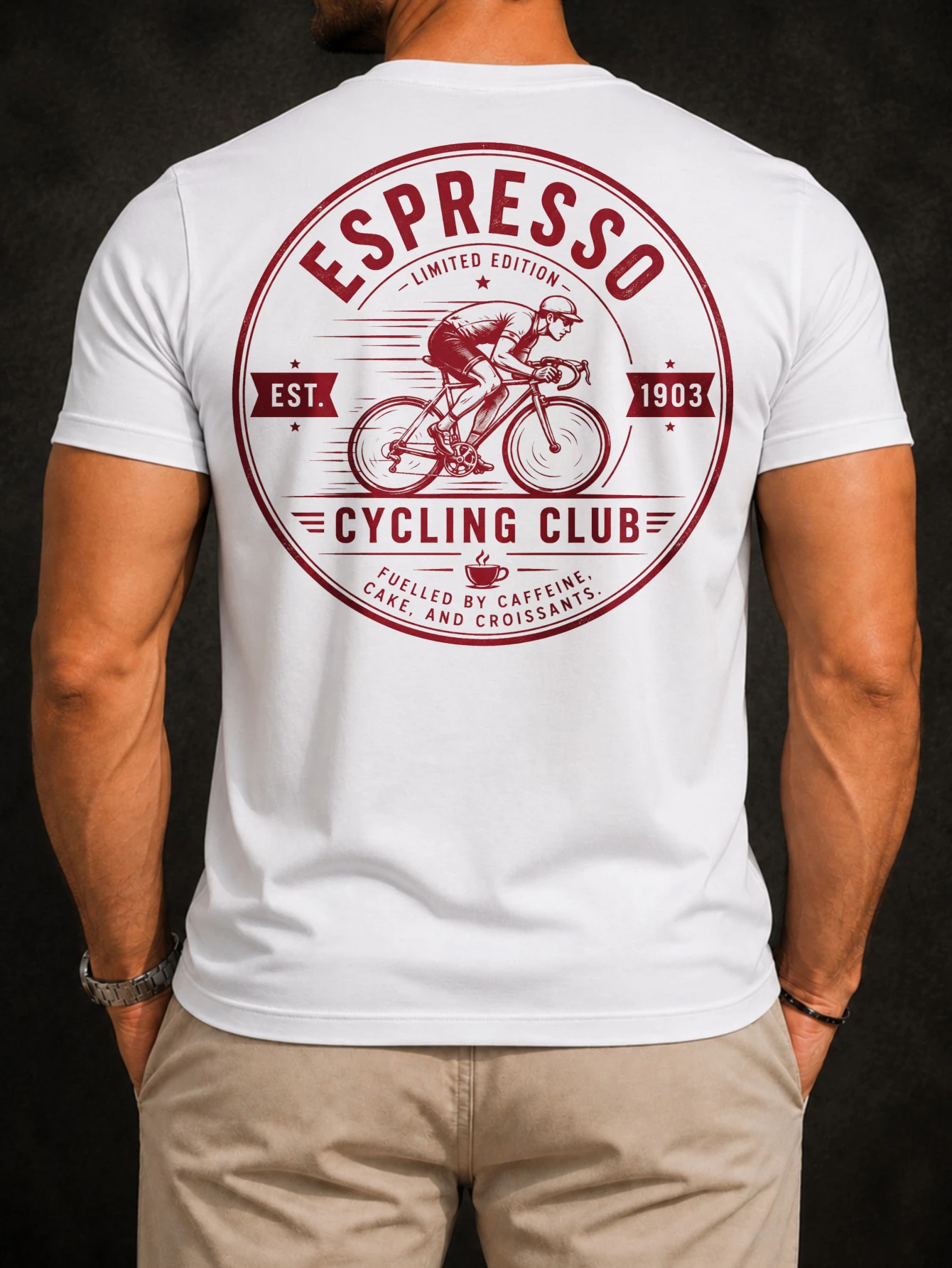 Red Espresso Cycling Seal Tee round espresso cycling rider silhouette and EST 1903 lettering  Unisex All T-Shirt