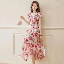 Chiffon Floral Dress for Women's Summer New Thin Style French Waist Cinching Temperament Medium Long Fairy Short Sleeve Dresses