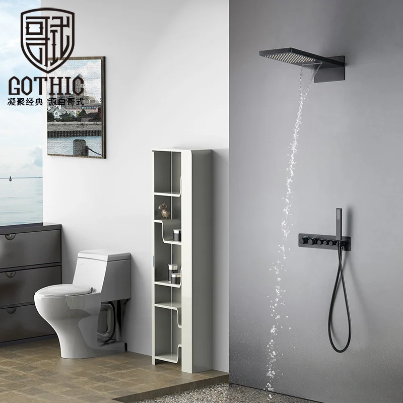 

Gothic Concealed Wall Mounted Constant Temperature Shower Set Faucet embedded Black Canopy flying Rain Shower Mixer Tap System