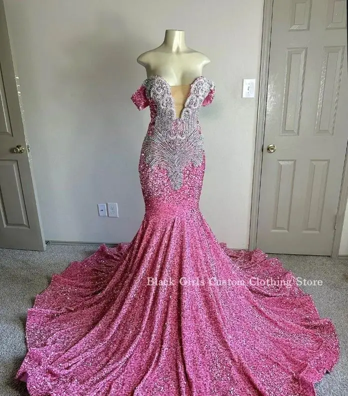

Luxury Sheath Mermaid Prom Dresses Pink Beaded Applique Inlaid Sequins Card Shoulder Women's Formal Customised robe de gala