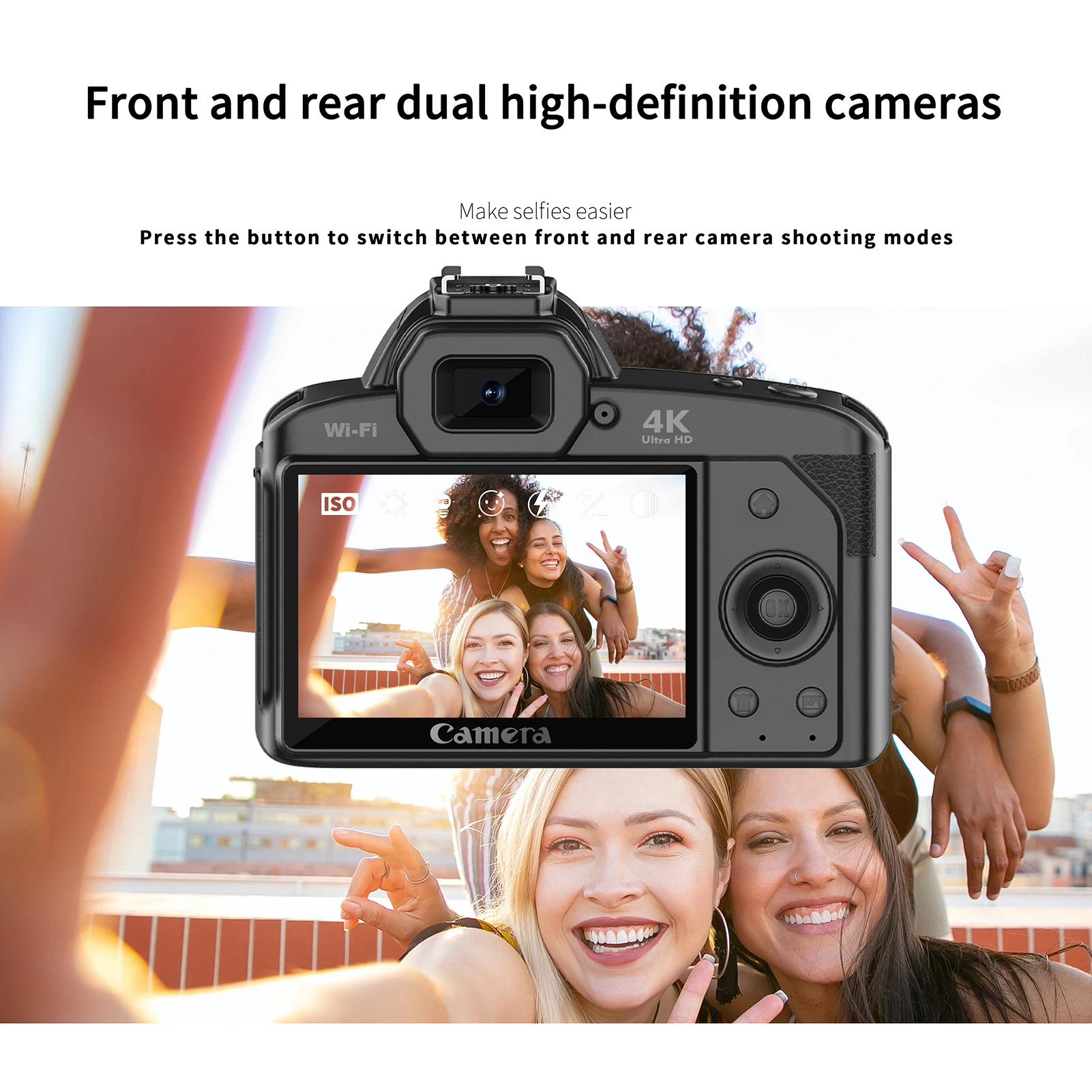 4K Digital Camera WiFi Digital Video Camera 64MP Dual Lens 3 Inch IPS Screen 16X Anti-Shake Zoom Night Vision Built-in Battery
