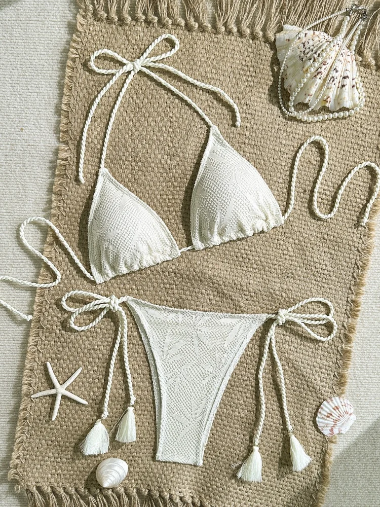 Fringed Boho Braided String Beach Swimwear Vintage Mesh Splicing Bikini Women Backless Halter Swimsuit Outfit Vacation Swim Suit