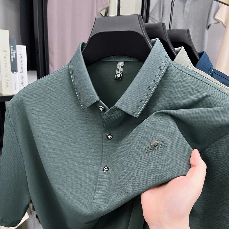 

light luxury brand exquisite embosse short sleeve polo shirt men's silky smooth breathable comfort solid color casual T-shirt