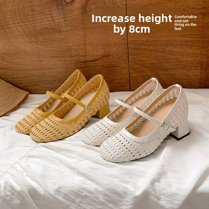 8cm Hidden Wedge Mary Jane Shoes Women Summer Woven Hollow Fishnet Sandals Chunky Heel