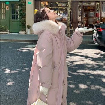 חורף נשים מרופד ז 'קט ורוד נשים ארוך מעל הברך צווארון פרווה צווארון פרווה חם ז' קט כותנה