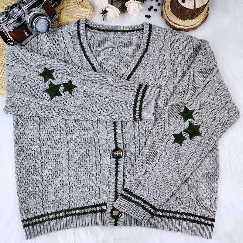 Black Knit Print Women Cardigan Korean Sweet Loose Star Long Sleeve Female Sweater Autumn Preppy Style New V Neck Ladies Tops