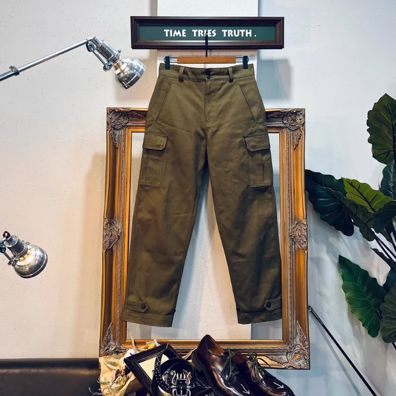 

French M-47 Military Style High Waisted Fishbone Pattern Fabric Loose Casual Workwear Men's Pants