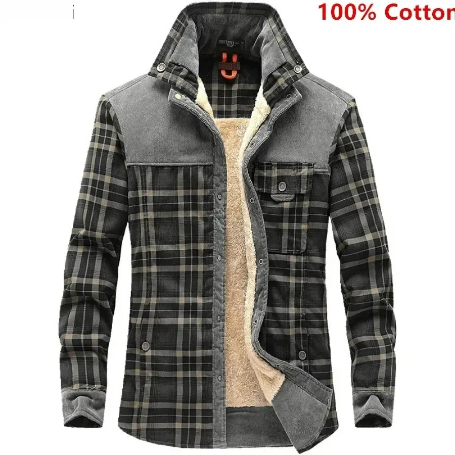 Men's Winter Warm Shirts Coats 100% Cotton Plaid Thickened Fleece Jacket Fashion Windproof Stand Collar Shirt Jacket Men