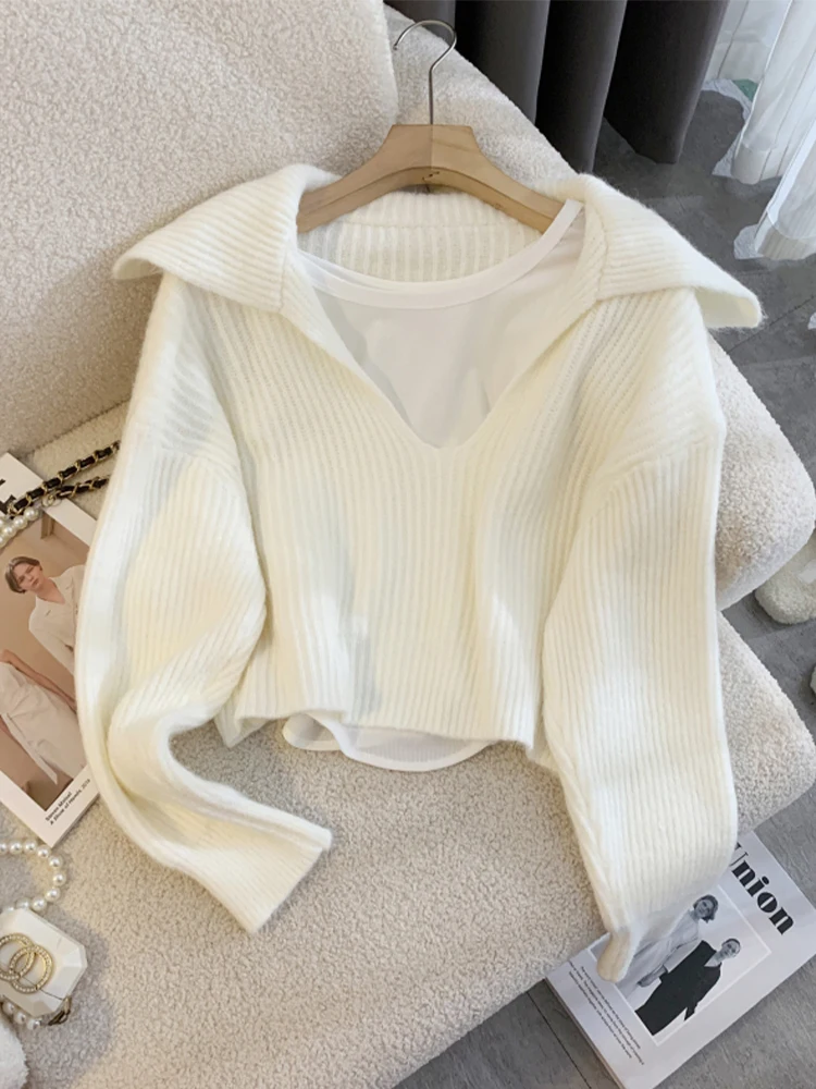 Autumn Winter Woman Korean Vintage Sweater Two Piece Sets Long Sleeve Solid Color Knitwears 2000s Aesthetic Y2k Streetwear Chic