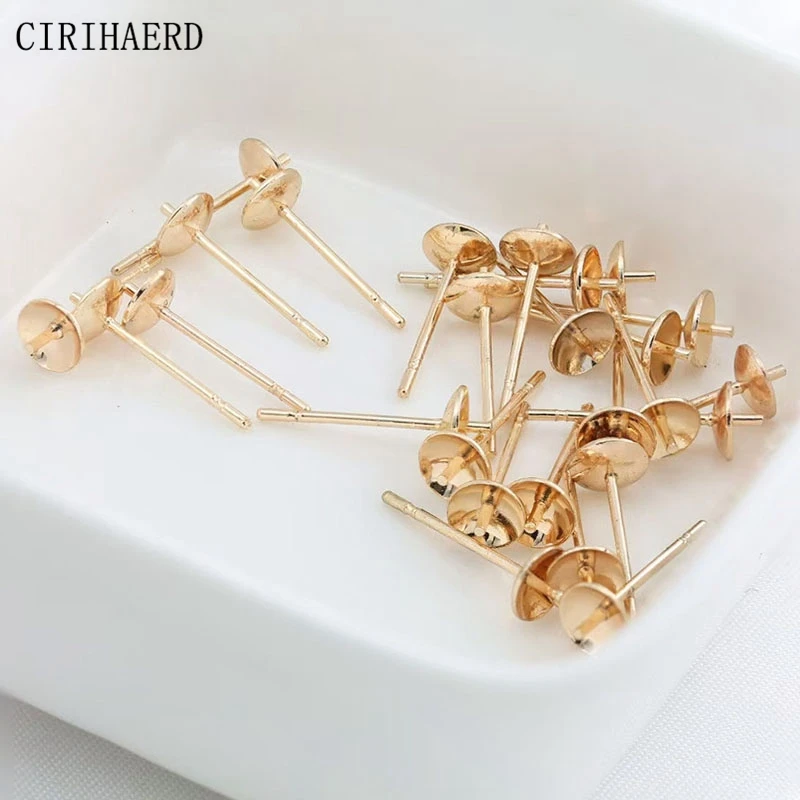 14K Gold Plated Brass Pearl Post Earring Mounting Stud Earring Posts Connector Earring Base Pins DIY Jewelry Making Accessories