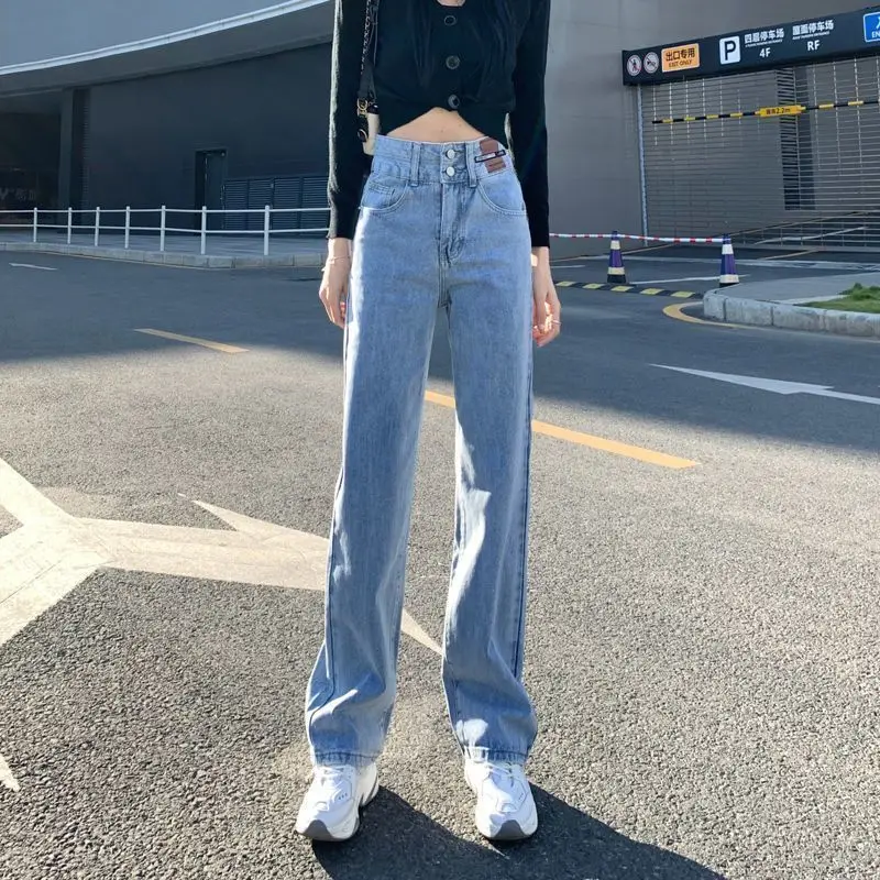 Autumn Winter New Fashion High Waist Solid Button Jeans Women's Clothing Pockets Loose Casual Simplicity Trend Straight Pants