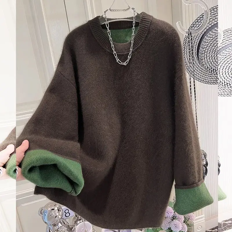

Корейский стиль, осенне-зимний новый теплый пуловер, вязаный свитер, женский ленивый стиль, ниша, универсальный тренд с круглым вырезом