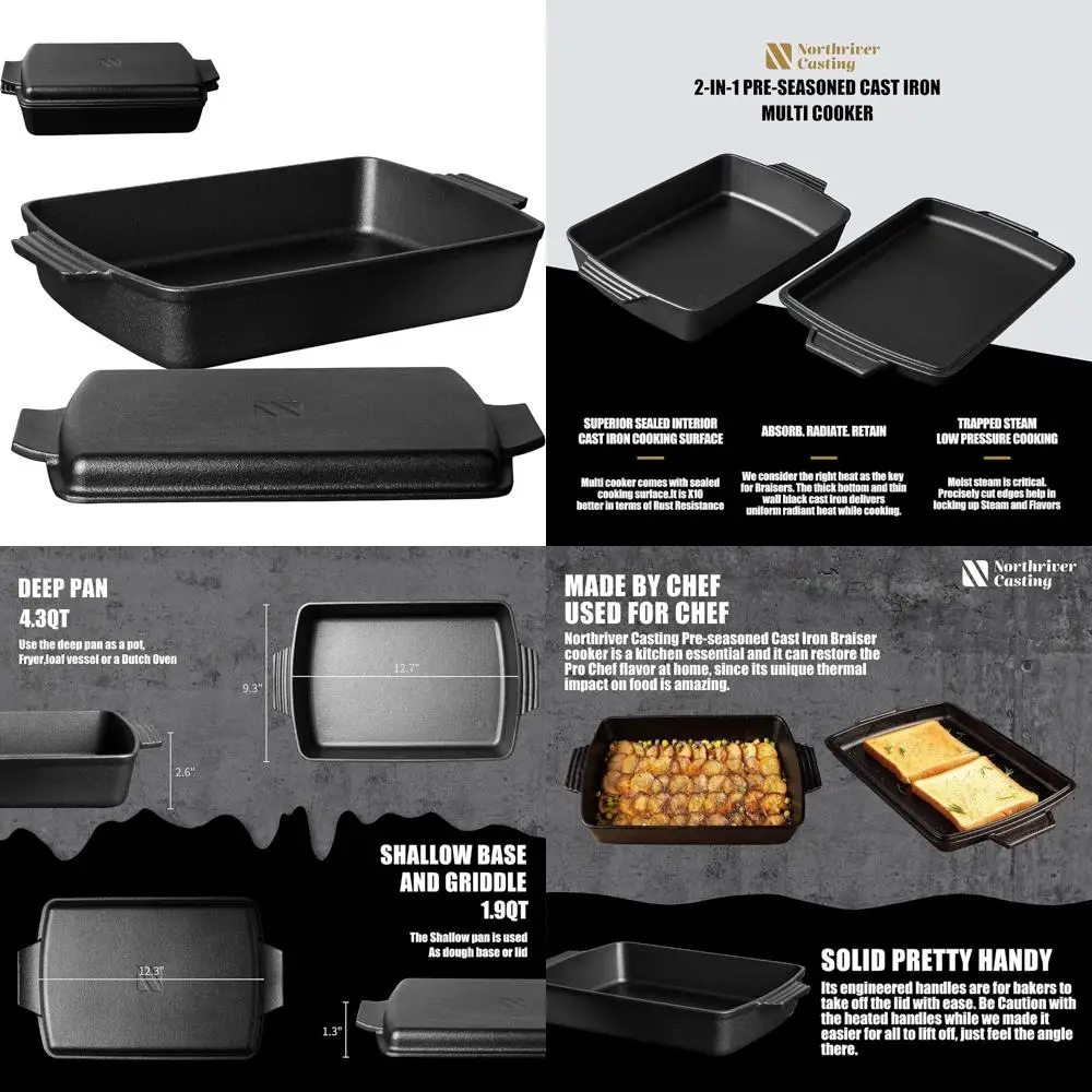 

Предварительно приправленная чугунная голландская сковорода для духовки с крышкой, запеканка, прямоугольная форма для выпечки, набор сковородок, 6 литров, 9x13 дюймов, кухонные принадлежности