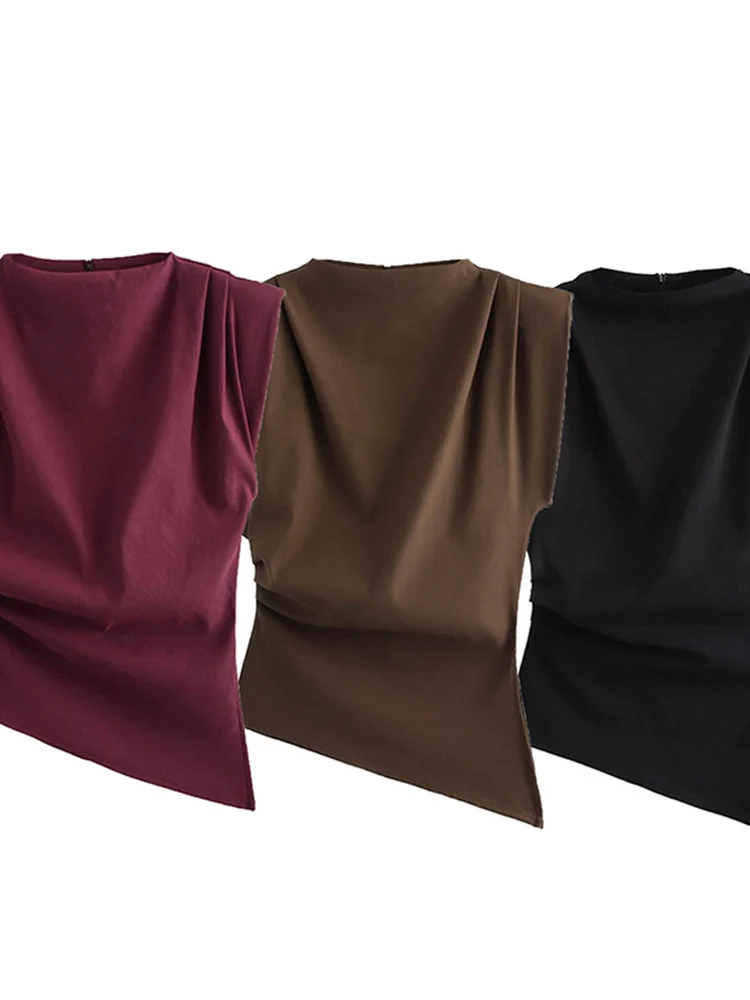 

New European and American fashion simple pleated decorative shoulderless top