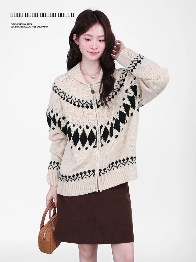 

Loose Knitted Cardigan Women's Vintage Turn-down Collar Sweater Outerwear Island Sle Long Sve Casual Faion