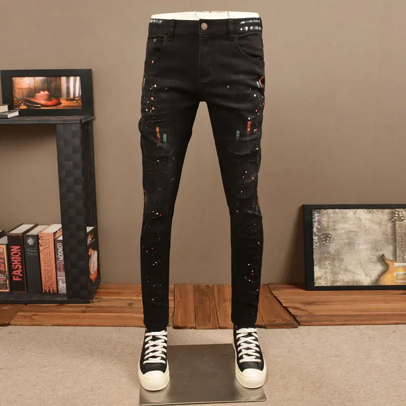 

Street Designer Fashion Men Jeans Black Stretch Slim Fit Painted Ripped Jeans Men Elastic Skinny Trousers Vintage Denim Pants