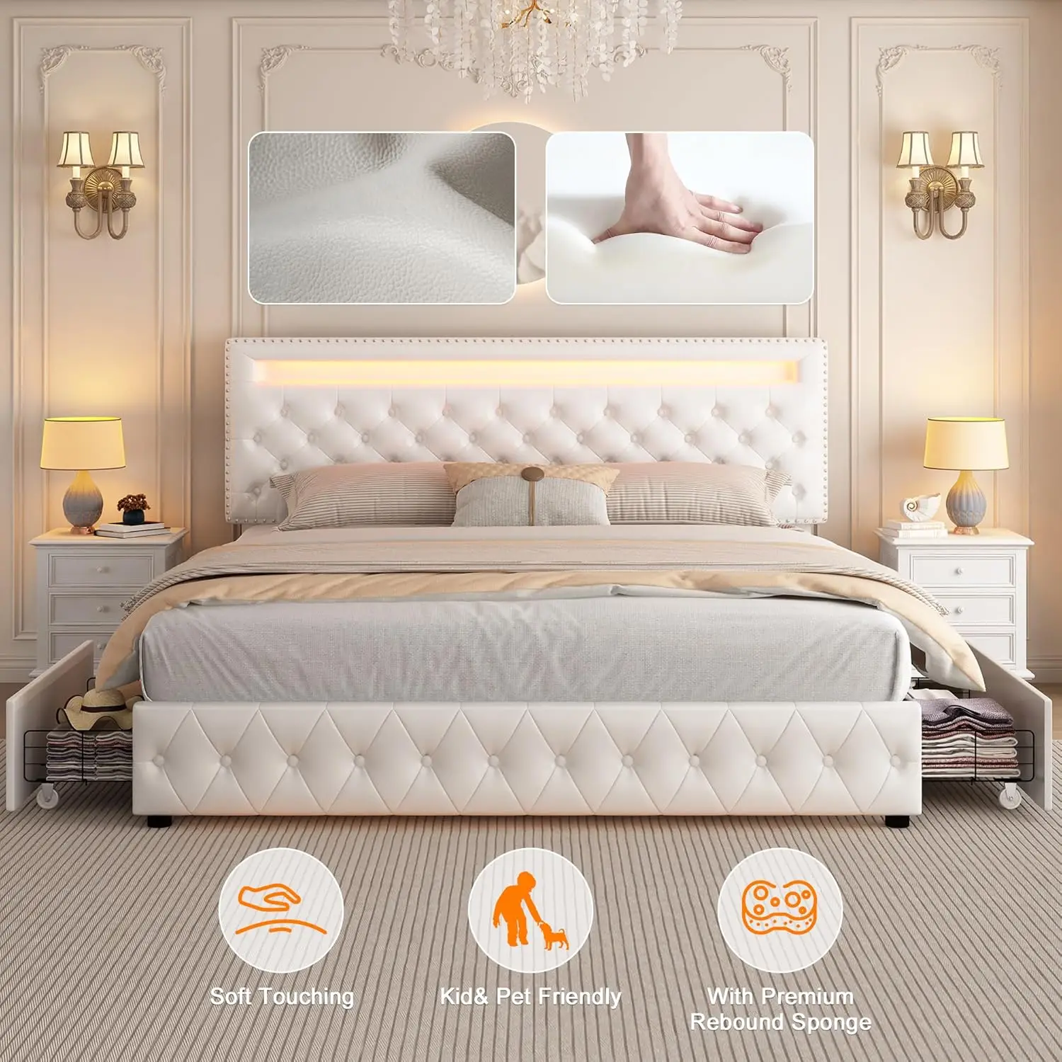 Queen Led Bed Frame With 4 Storage Drawers, With Smart Control Rgbw Led Lights Headboard Footboard, Control Diy Color, Box