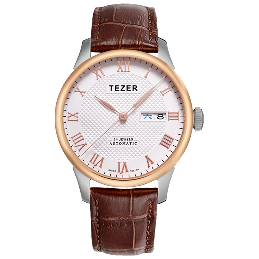 TEZER Men Automatic Watch | Rose Gold Case | Roman Numeral Dial | Day‑Date Window | 50M Water Resistant Wristwatch