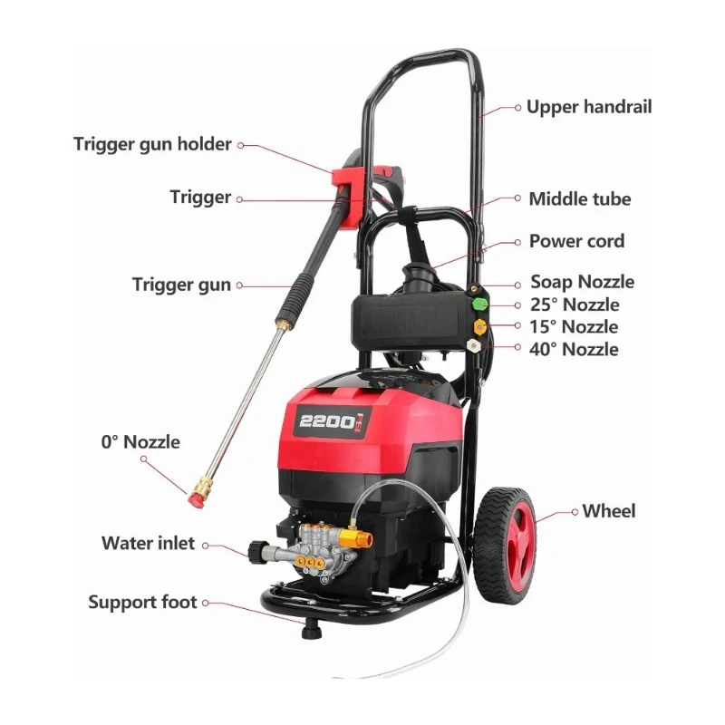 Electric Pressure Washer 2200 PSI, 1.2 GPM,1600W with Onboard Soap Tank, Spray Gun & Wand, 5 Nozzle Set