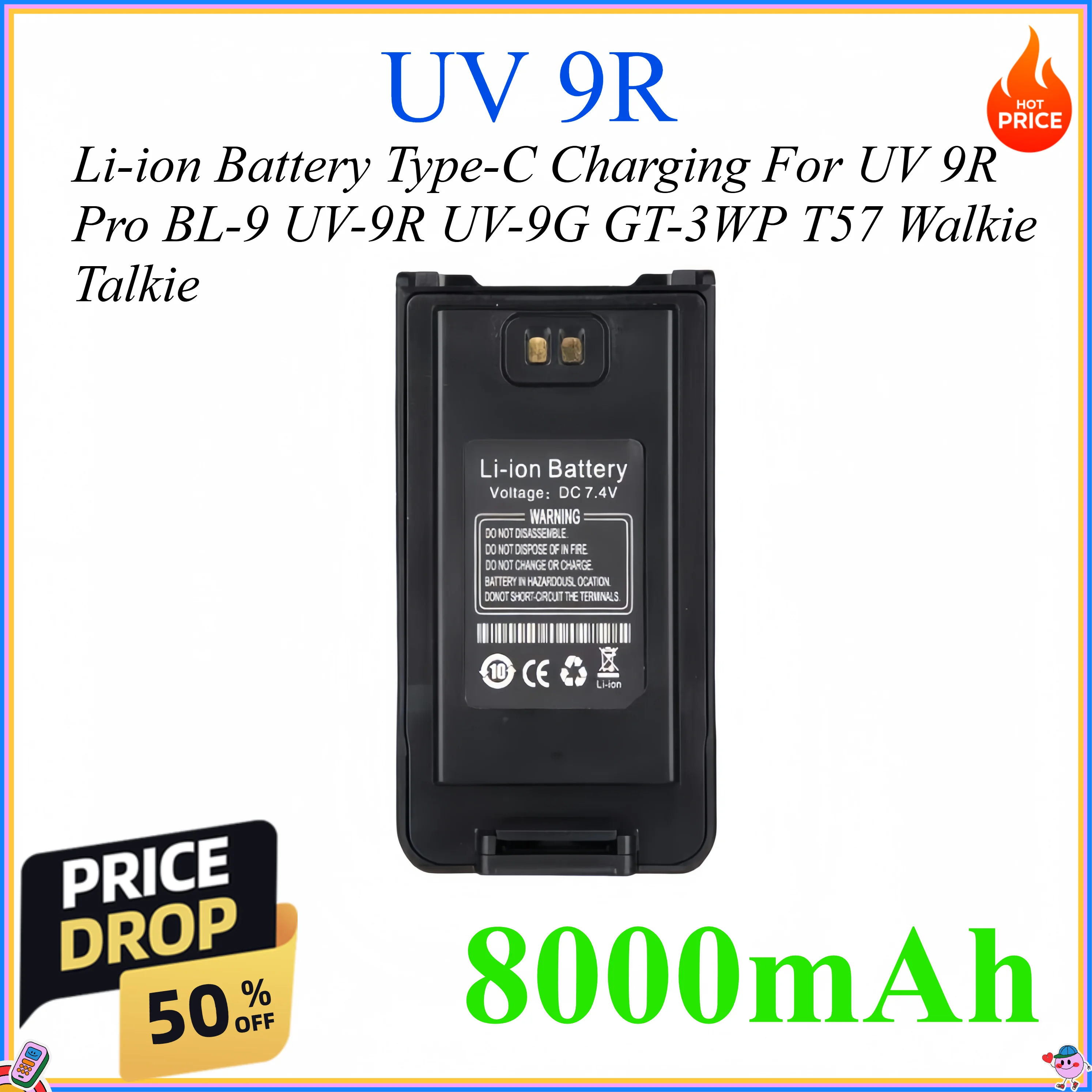

8000mAh UV 9R Walkie Talkie Li-ion Battery High Capacity Type-C Charging For UV 9R Pro BL-9 UV-9R UV-9G GT-3WP T57 Ham Radio