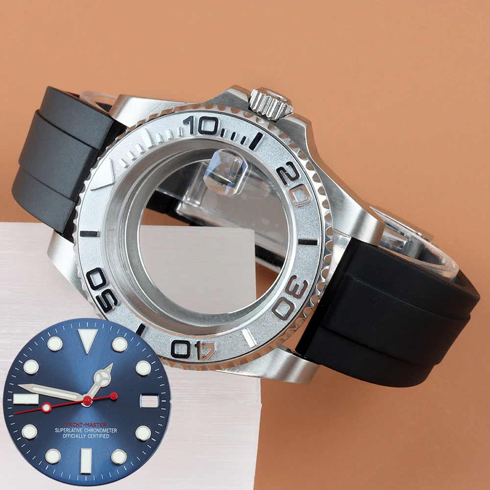 

Silvery 40mm Rubber Strap Watch Case 28.5mm Dial Hands Blue Luminous For NH34 NH35 NH36 NH38 Movement Sapphire Glass NH35 Case