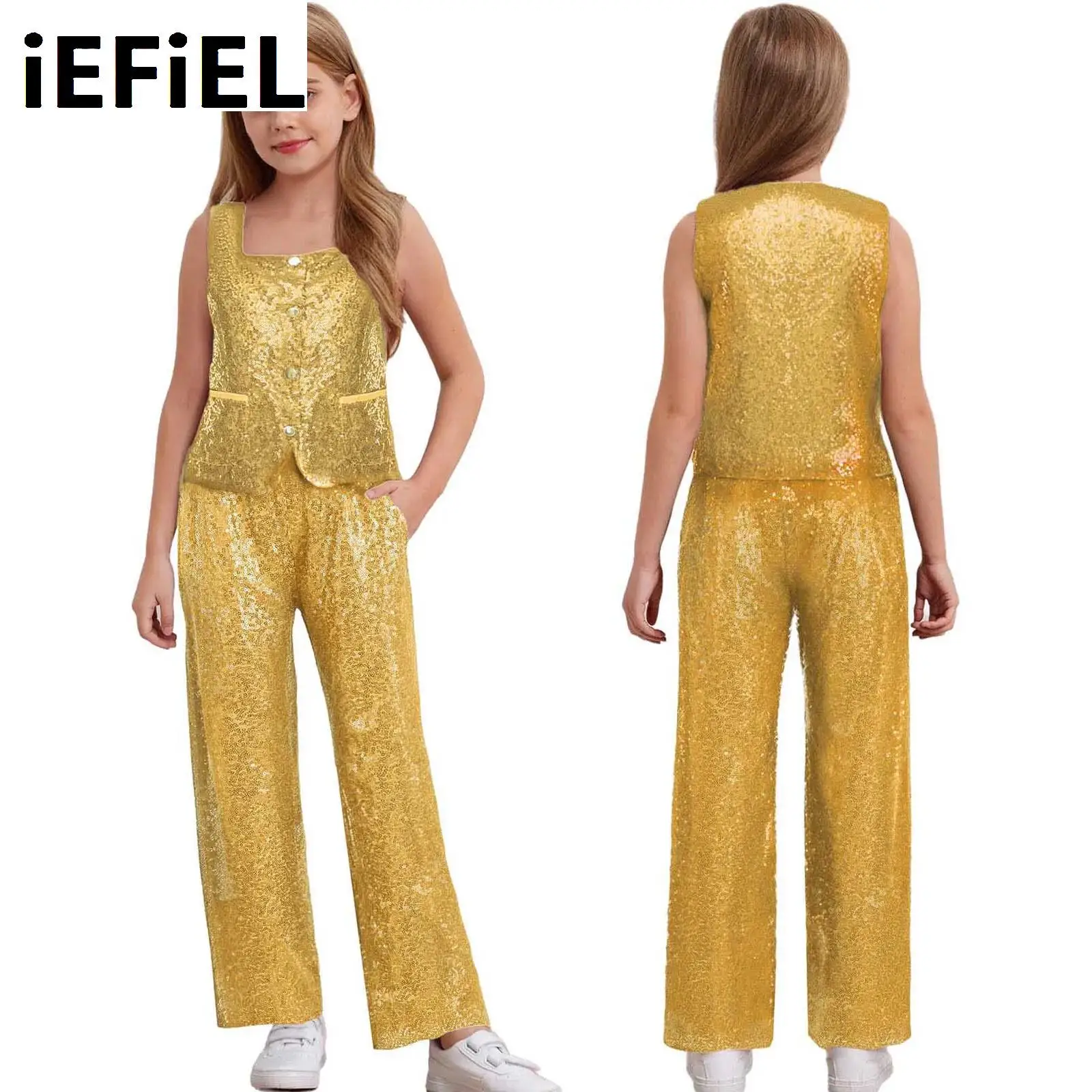 

Kids Girls Allover Sequin Sparkly Party Outfit Square Neck Sleeveless Vest Tank Tops And Long Pants for Pageants Birthdays Party