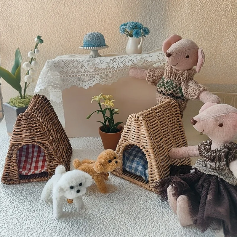 고양이 개를위한 소형 등나무 애완 동물 침대 BJD DIY 인형 집 액세서리를위한 1:12 스케일 인형 집 가구