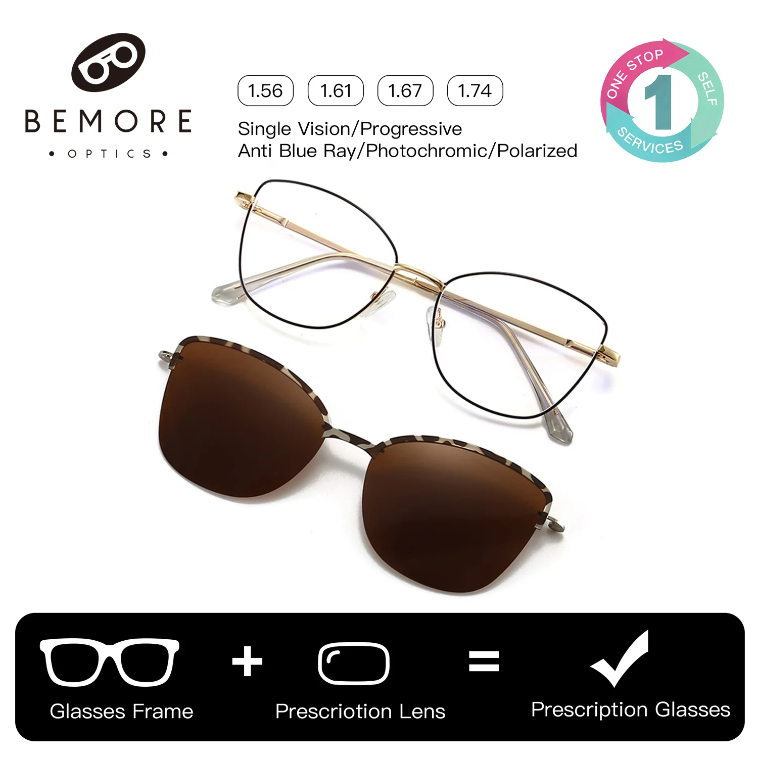 

BEMORE Cat Eye Prescription Glasses Woman High-Quality Metal Clip on Polarized Sunglasses Blue Light Filter Optical Eyewear