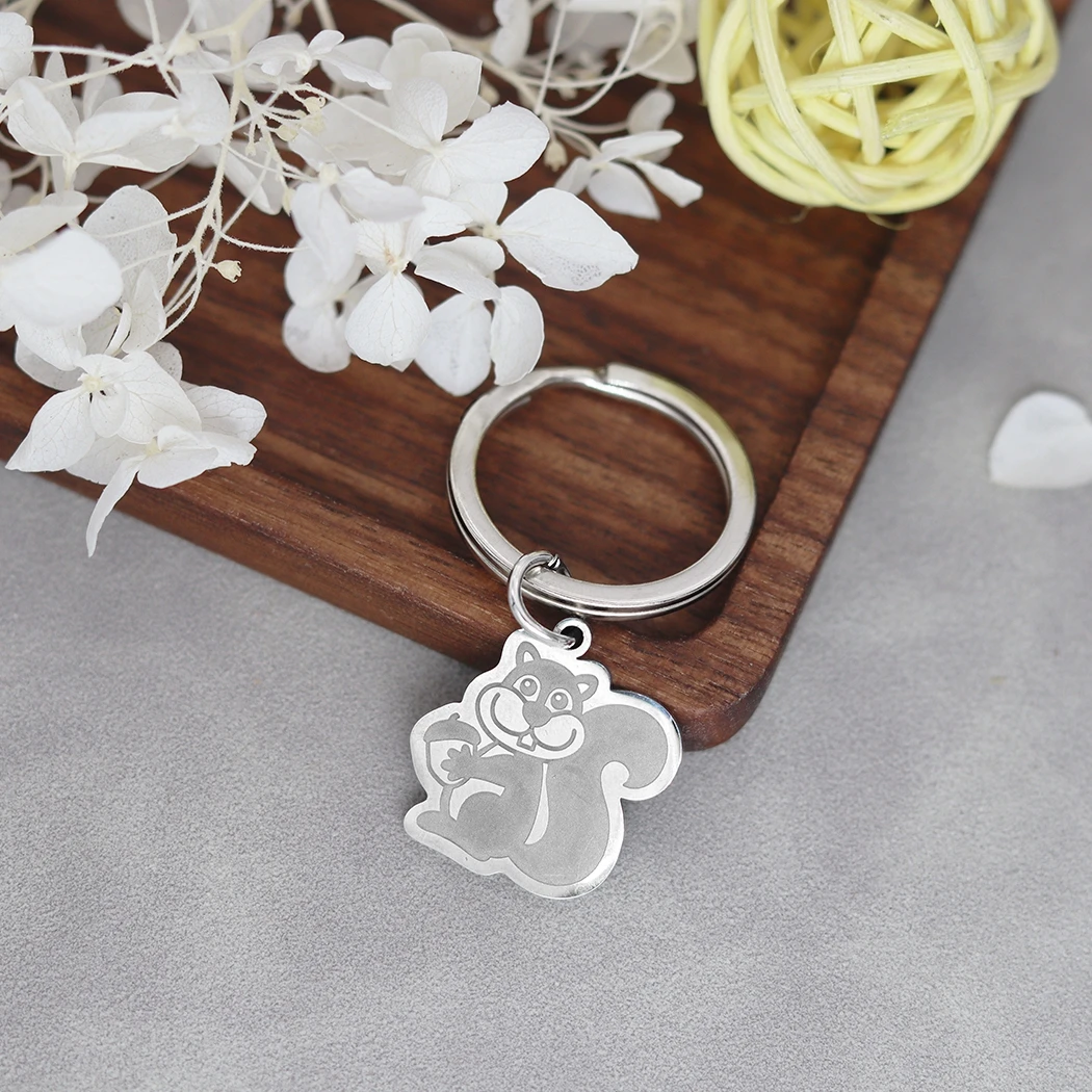 Squirrel Holding Pinecone Pendant Keychain ID Phone Tag Custom Name Keyring Men Women Stainless Steel Jewelry Gift Keepsakes