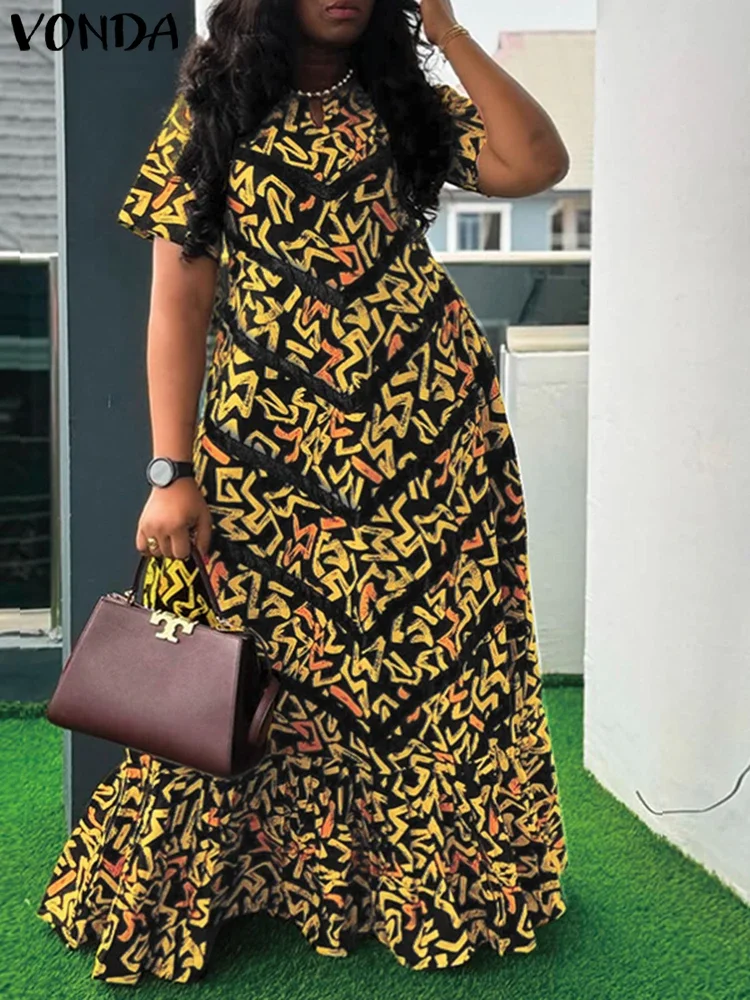 

Plus Size Women Vintage Maxi Dress 2025 Short Sleeve Summer Party Vestidos Casual Printed A-line Robe Bohemian V-Neck Vestidos