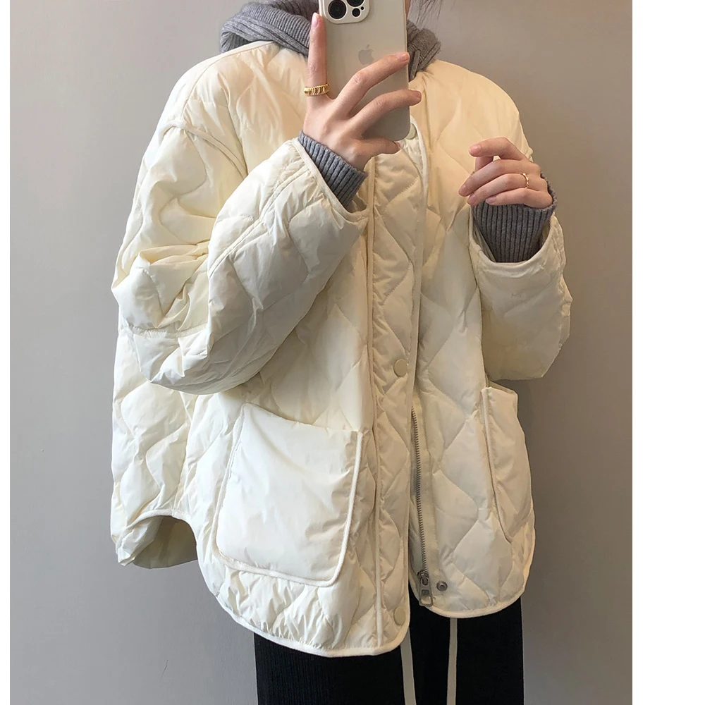 2024 Women Winter Coat Long Sleeve O-Neck Warm Cotton Down Coat Women Tops Beige Jacket Coat Casaco Feminino