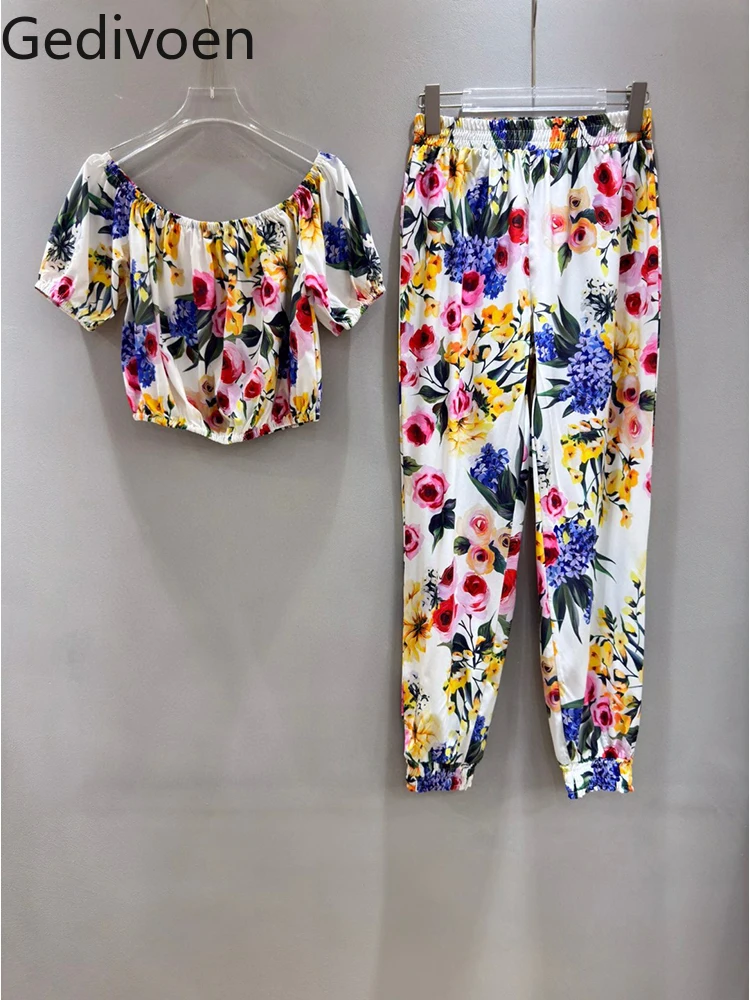 

Gedivoen Summer Fashion Runway New Designer Floral Print Pant Sets Slash Neck Top+Elastic Waist Pencil Pants Two Pieces Set