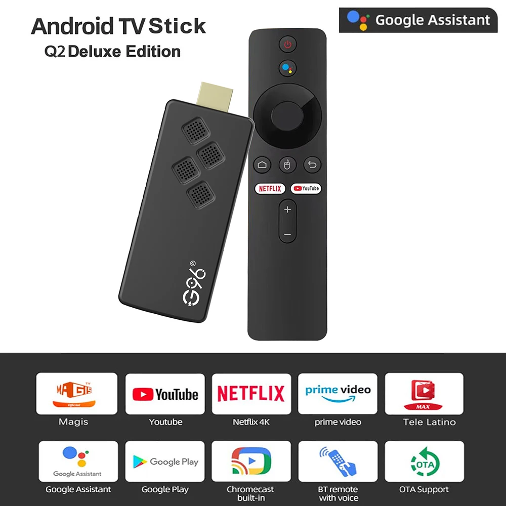 Q2 Android Smart TV Stick 4K HDR10 Google Assistant Dual 2.4G5GWIFI Netflix YouTube Multi Language Player Player