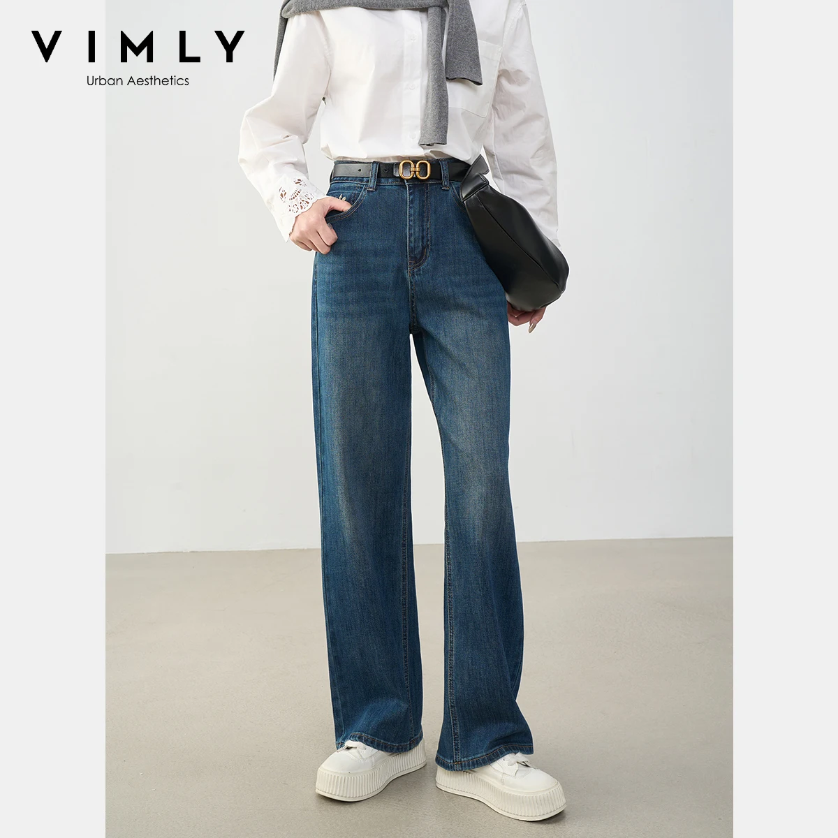 

VIMLY Blue Denim Woman Pants Autumn 2025 Vintage Clothing Embroidery Pockets Mid-waist Loose Female Trousers Women Clothes 30280