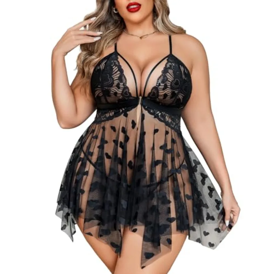

Plus Size Lingerie Lace Babydoll Womens Teddy Chemise V Neck Nighty Mesh Sleepwear Front Slit Nightdress