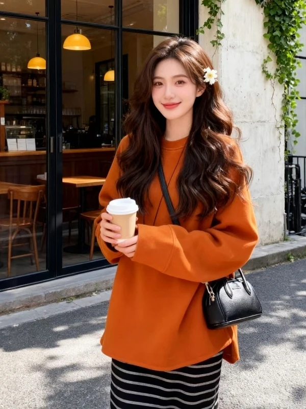 

Loose Long Sve round Ne Pullover Hoodie Women's Spring New plus Size Korean Sle Comfortable Casual Color Top